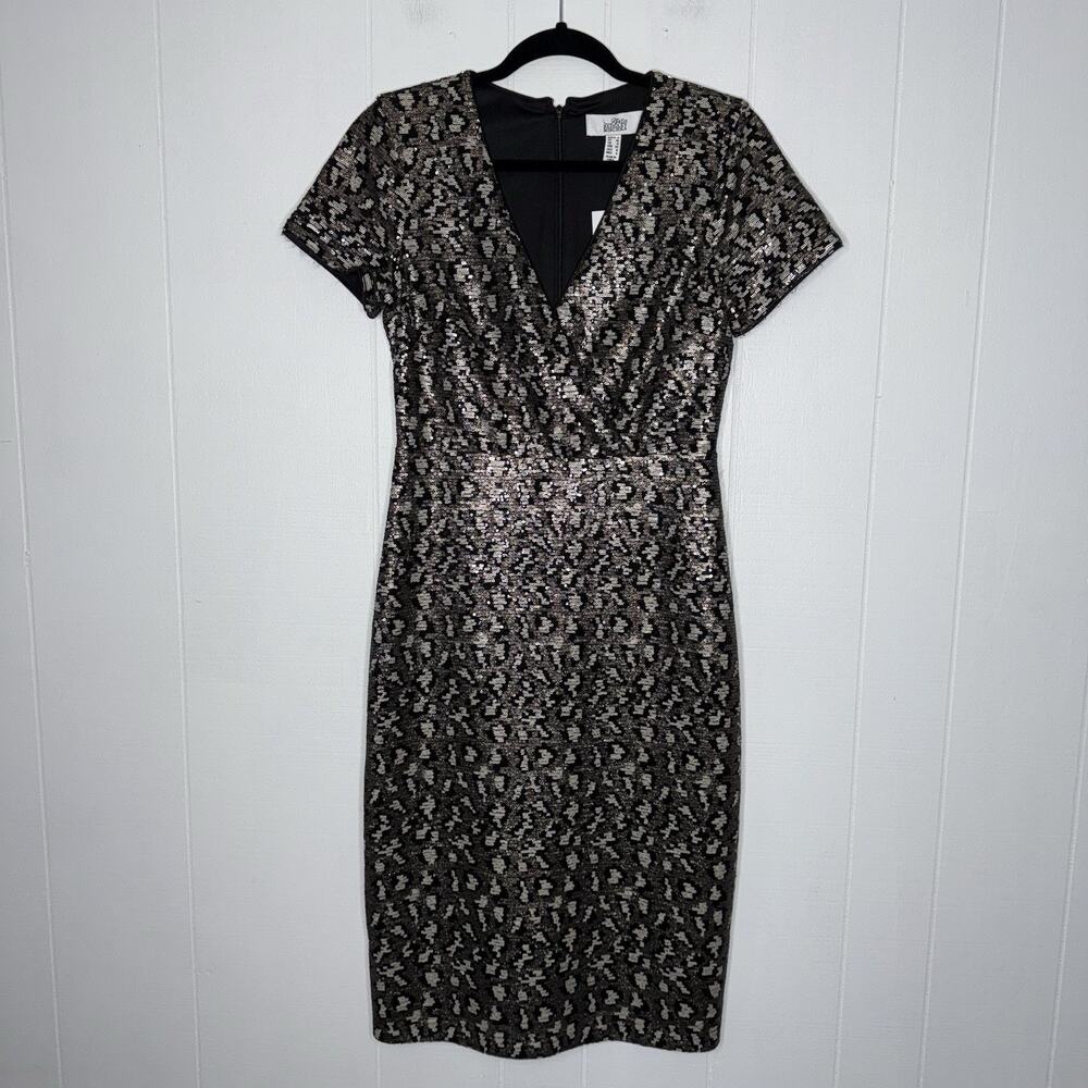Belle Badgley Mischka Women’s Lainey Dress Leopard Sequin Gold Black Size 4 NWT